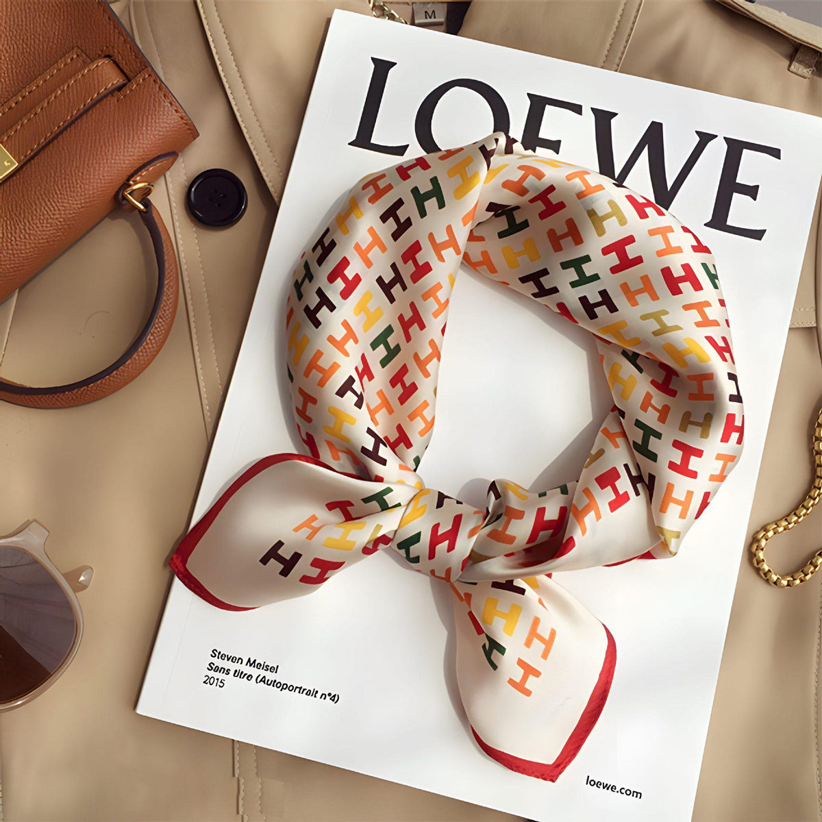 Colorful patterned scarf arranged beside a handbag and fashion magazine