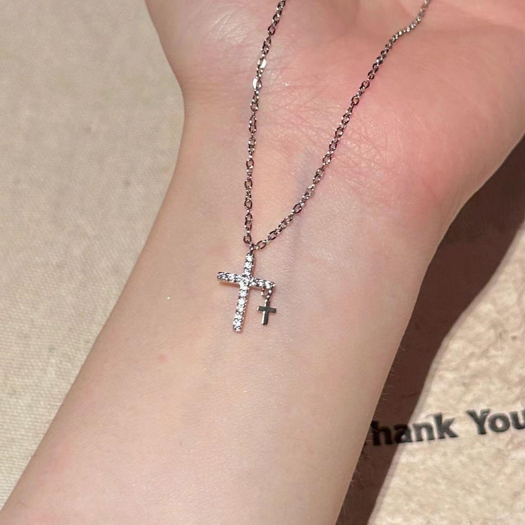 Zircon Cross Necklace for Women All-Match Simple High-Grade Niche Design Necklace Non-Fading Titanium Steel Clavicle Chain for Women