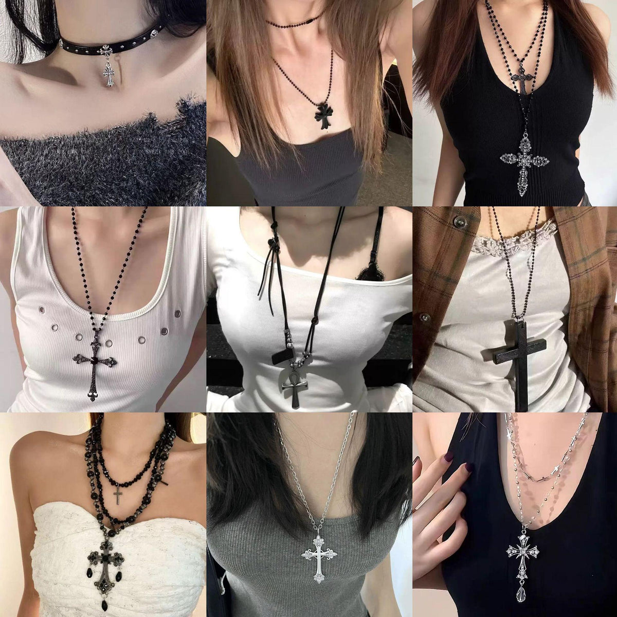Trendy Cool Retro Dark Cross Beads Necklace Niche Long Asian Culture Hot Girl Beads High-Grade Sweater Chain