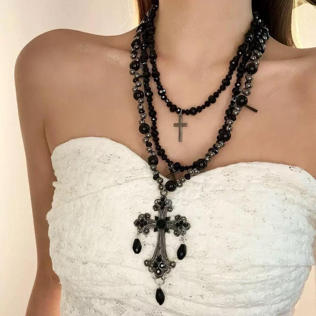 Trendy Cool Retro Dark Cross Beads Necklace Niche Long Asian Culture Hot Girl Beads High-Grade Sweater Chain