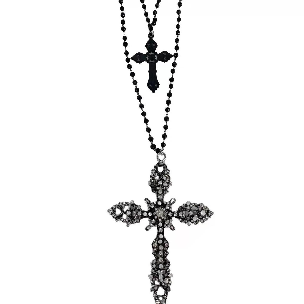 Trendy Cool Retro Dark Cross Beads Necklace Niche Long Asian Culture Hot Girl Beads High-Grade Sweater Chain