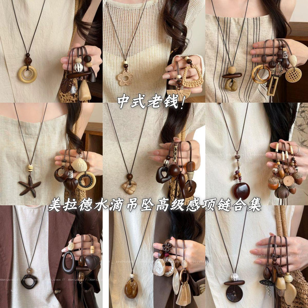 Retro Brown Pendant Long Necklace for Women 2026 New Summer Sweater Chain Matching Clothes Decorative Pendant Accessories