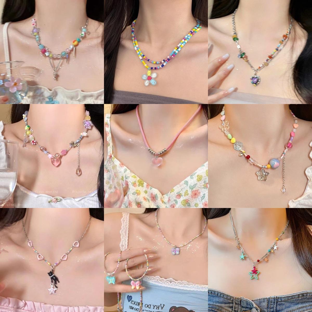 Candy-Colored Dopamine Necklace for Women All-Match Niche Design Beaded Clavicle Chain Sweet Cool Hot Girl Necklace Net Red Jewelry