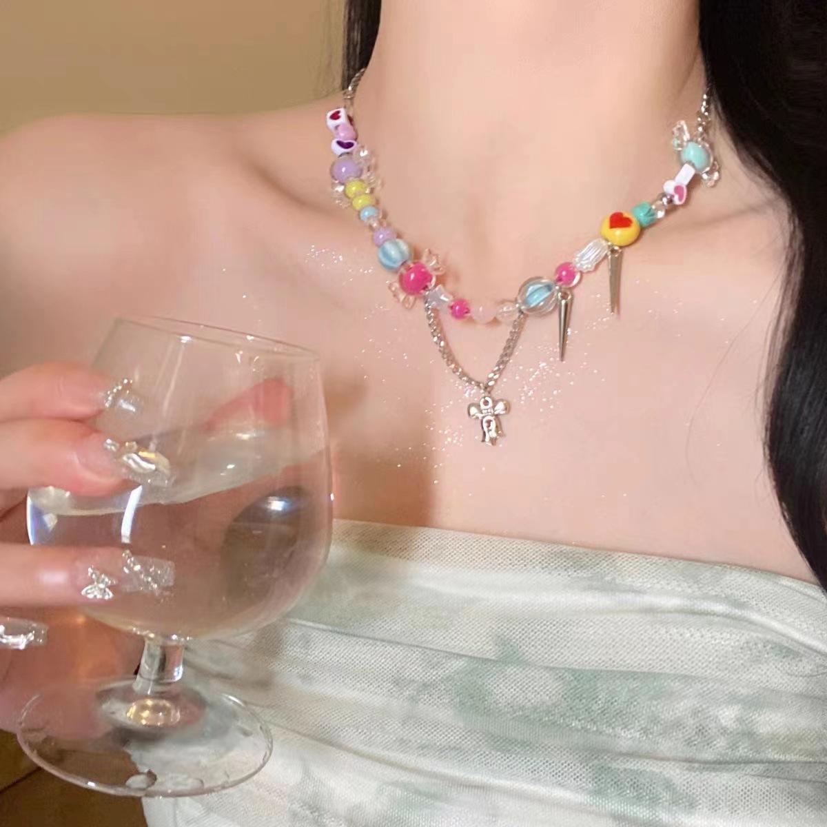 Candy-Colored Dopamine Necklace for Women All-Match Niche Design Beaded Clavicle Chain Sweet Cool Hot Girl Necklace Net Red Jewelry