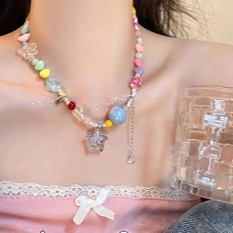 Candy-Colored Dopamine Necklace for Women All-Match Niche Design Beaded Clavicle Chain Sweet Cool Hot Girl Necklace Net Red Jewelry