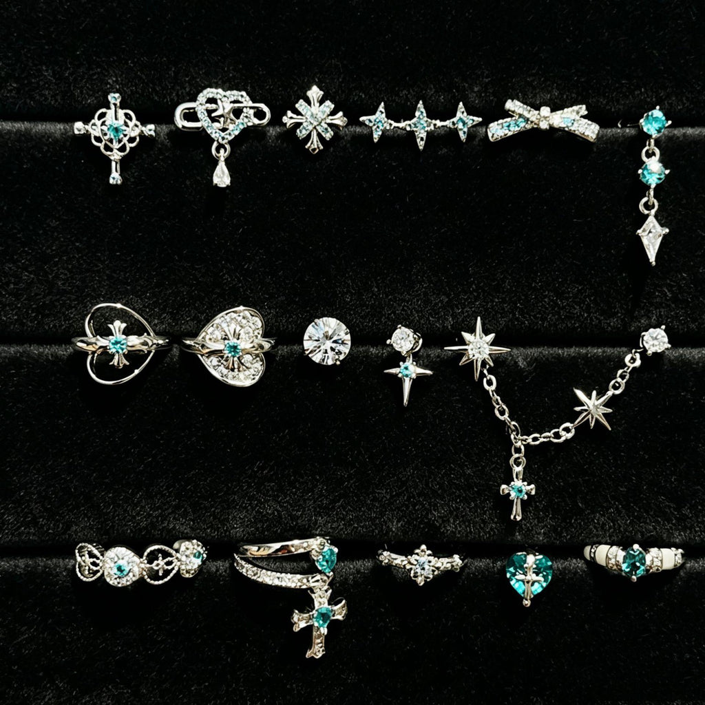 New Style PA Green Chain Horseshoe Ring Ear Bone Nail Cross Medical Titanium Steel Star Exquisite Earrings Female Fresh Female