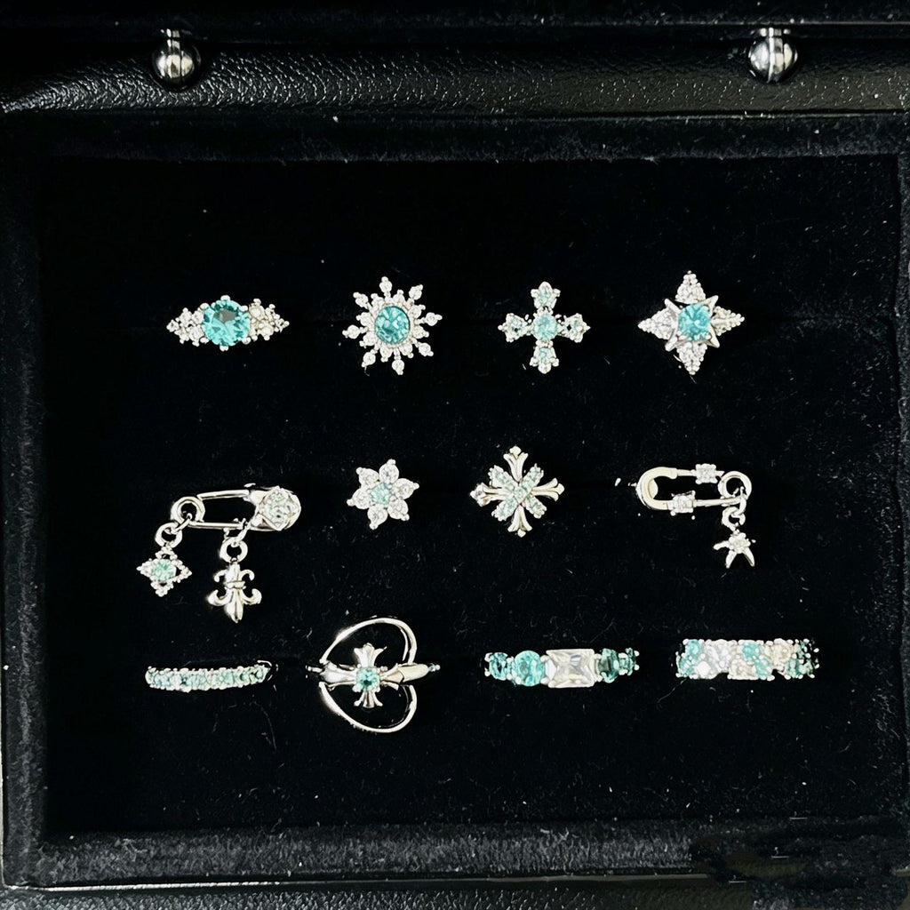 New Style PA Green Chain Horseshoe Ring Ear Bone Nail Cross Medical Titanium Steel Star Exquisite Earrings Female Fresh Female
