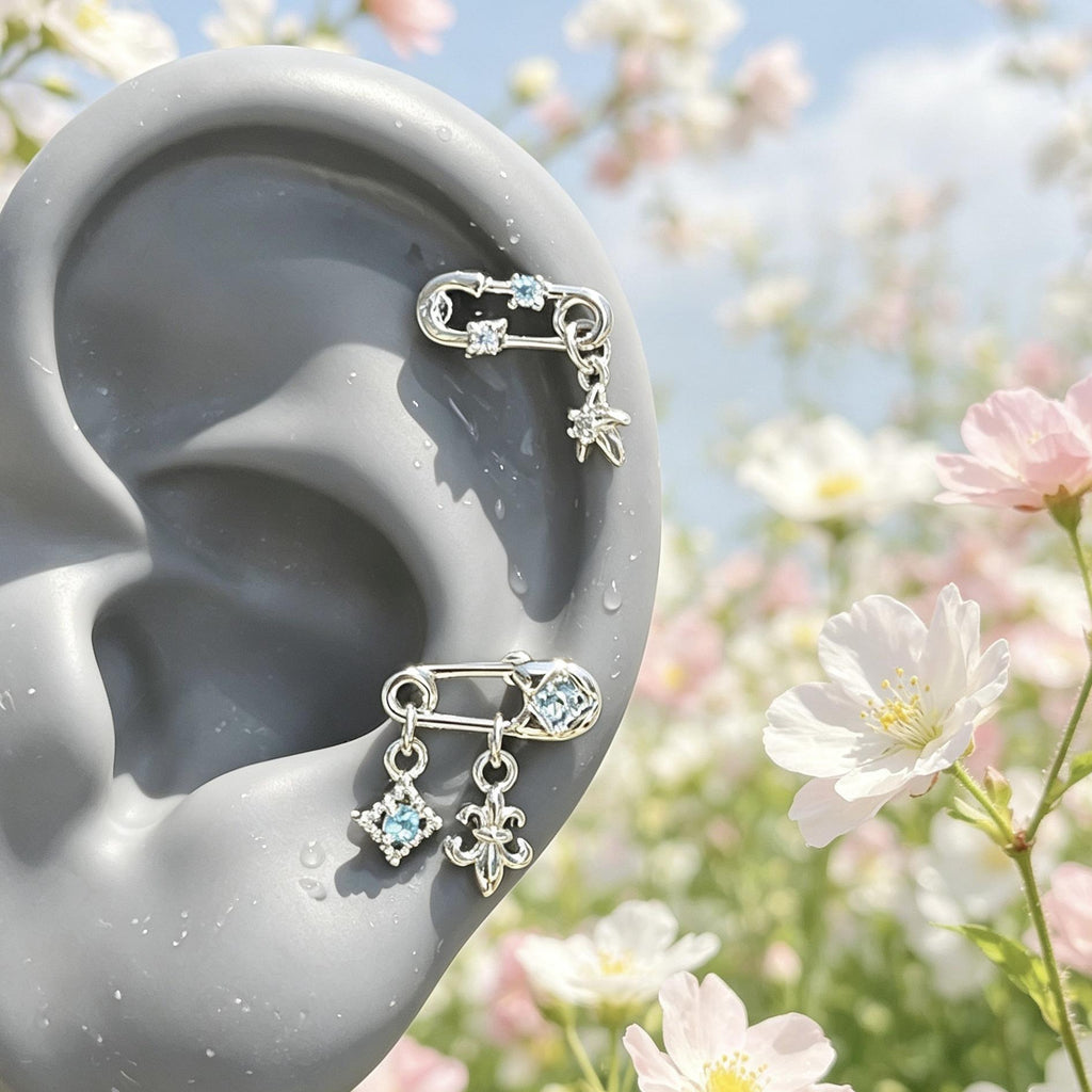 New Style PA Green Chain Horseshoe Ring Ear Bone Nail Cross Medical Titanium Steel Star Exquisite Earrings Female Fresh Female
