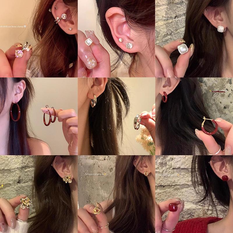 Silver Needle Ear Piercing Opal Stud Earrings Six-Piece Set Sleep Pick-Free Ear Bone Stud Design Sense Niche Earrings Accessories for Women