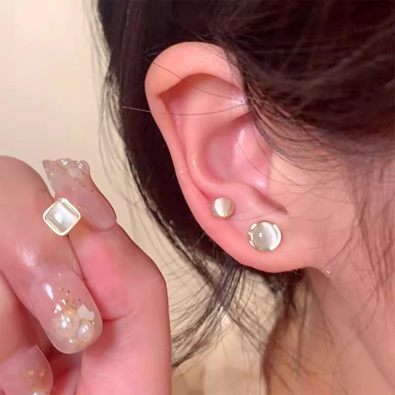 Silver Needle Ear Piercing Opal Stud Earrings Six-Piece Set Sleep Pick-Free Ear Bone Stud Design Sense Niche Earrings Accessories for Women