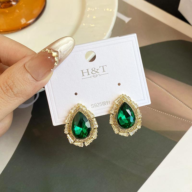 Korean Style Light Luxury Niche Earrings Water Drop Earrings Fashion New All-Match Earrings Emerald High-Grade Temperament Earrings