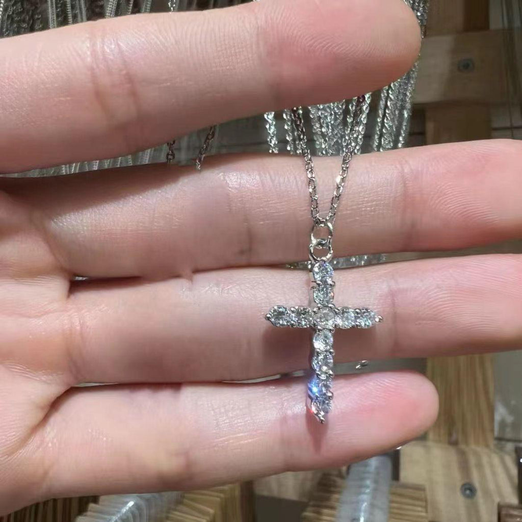 Silver Plated BM Cross Necklace Diamond-Embedded Zircon Ins Sweet Cool Hot Girl Niche Design All-Match Diamond-Embedded Necklace for Women