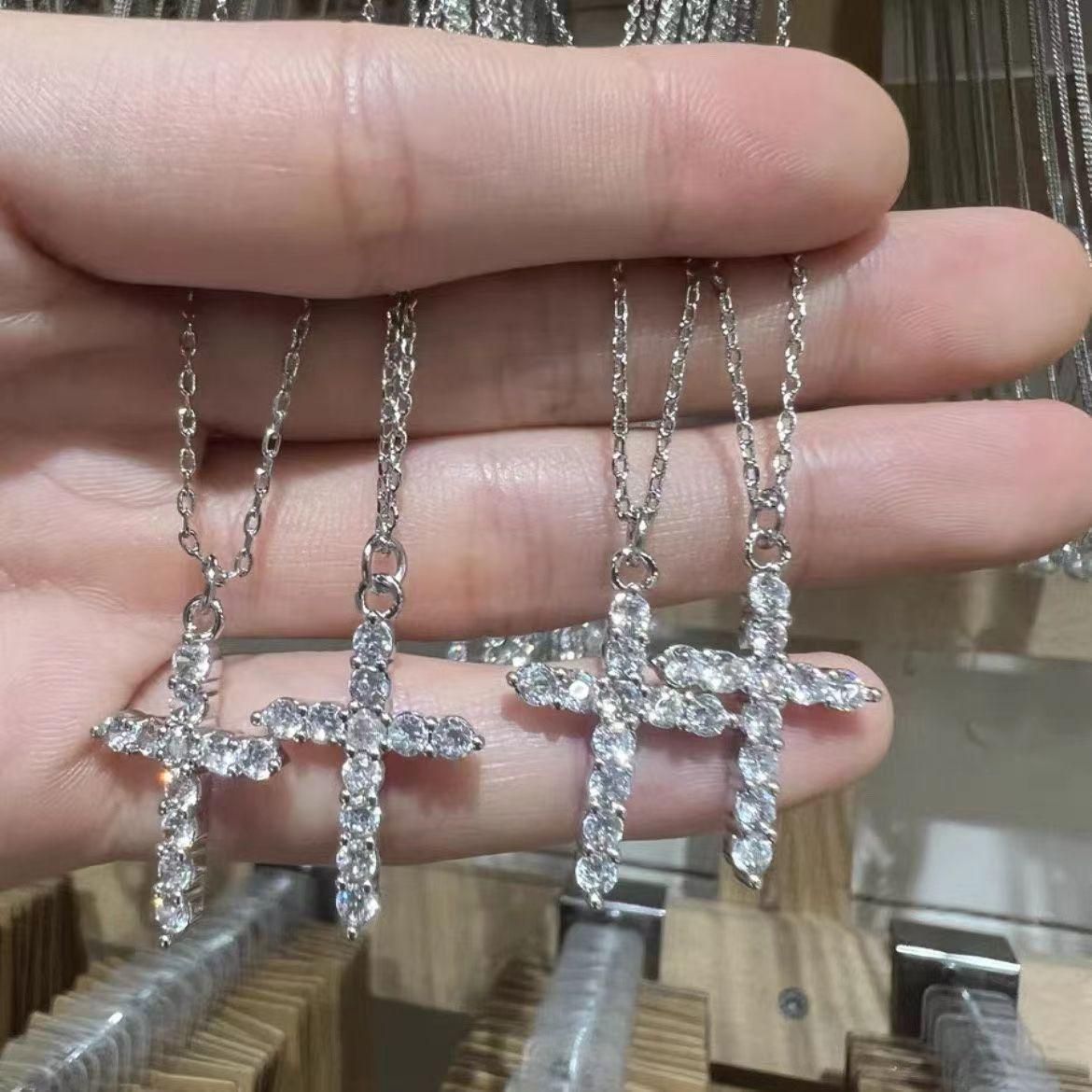 Silver Plated BM Cross Necklace Diamond-Embedded Zircon Ins Sweet Cool Hot Girl Niche Design All-Match Diamond-Embedded Necklace for Women
