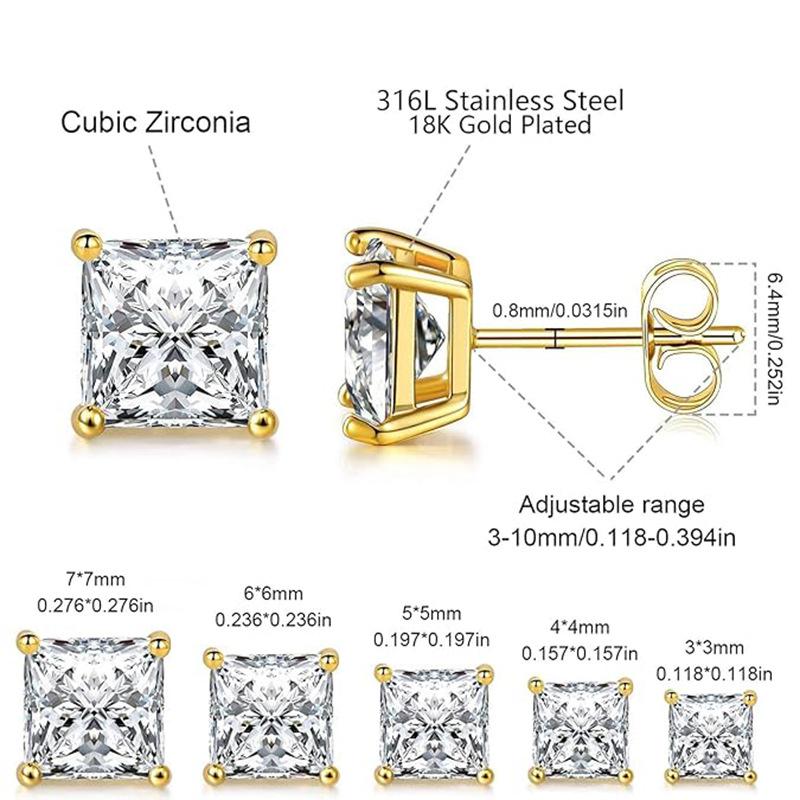 European and American Popular Square Zircon Stud Earrings 316 Stainless Steel Single Diamond All-Match Earrings Cross-Border Hot Earrings Jewelry