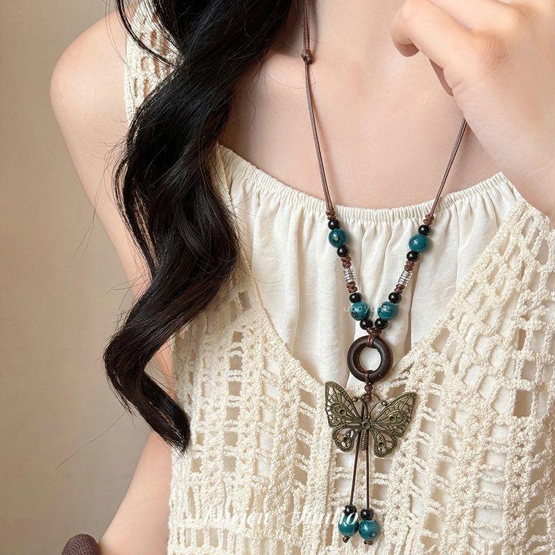 Bohemian Style Butterfly Beaded Braided Rope Necklace Women's New Chinese Style Retro Long Halter Sweater Chain Ethnic Style