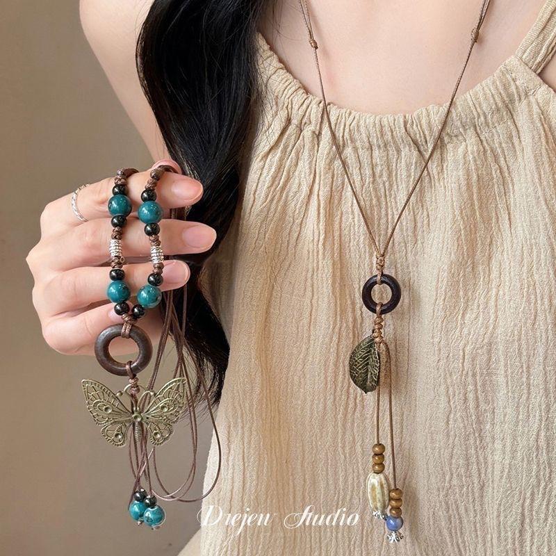 Bohemian Style Butterfly Beaded Braided Rope Necklace Women's New Chinese Style Retro Long Halter Sweater Chain Ethnic Style