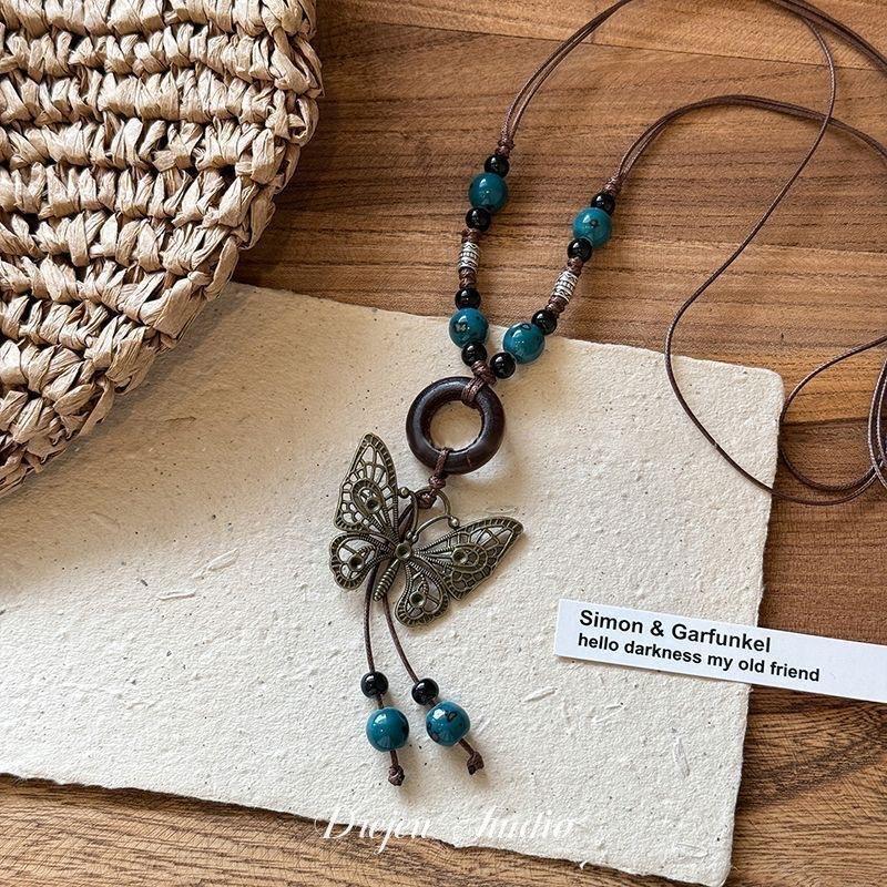 Bohemian Style Butterfly Beaded Braided Rope Necklace Women's New Chinese Style Retro Long Halter Sweater Chain Ethnic Style