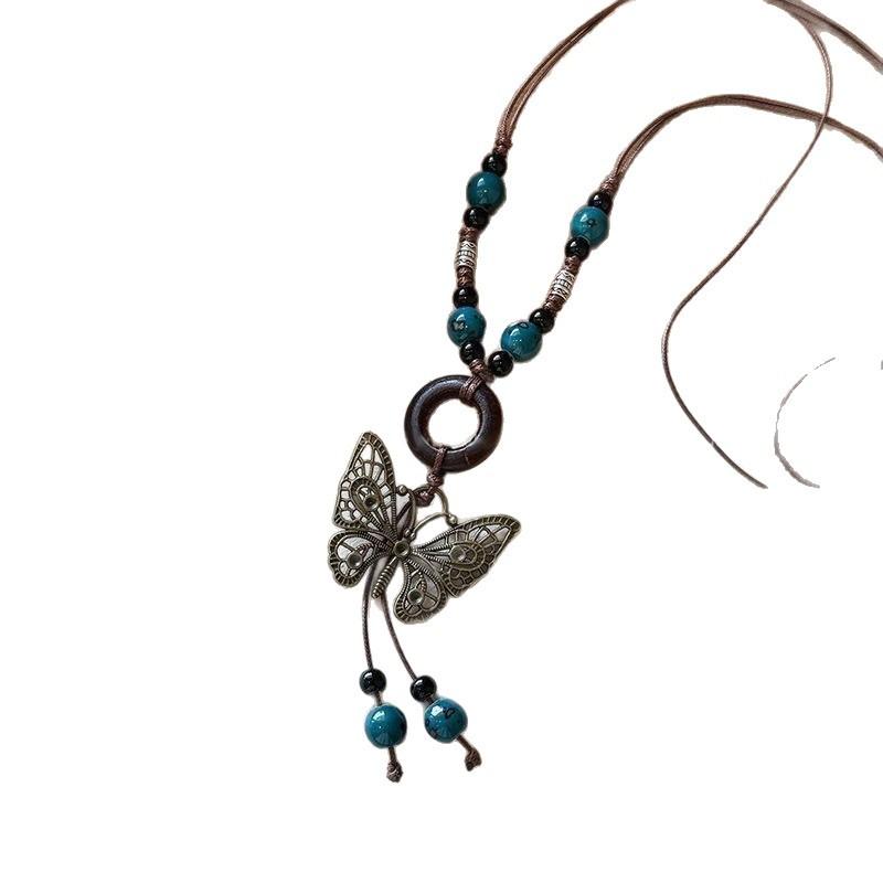 Bohemian Style Butterfly Beaded Braided Rope Necklace Women's New Chinese Style Retro Long Halter Sweater Chain Ethnic Style