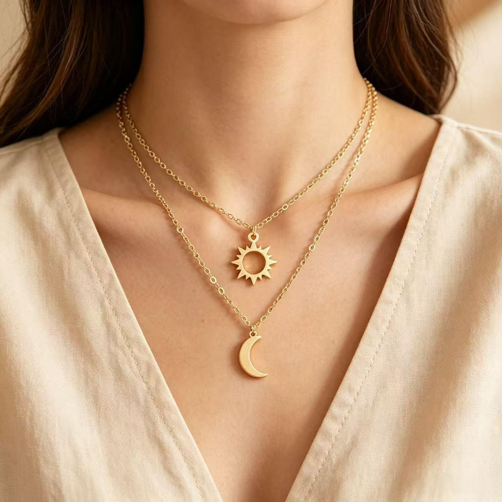 Titanium Steel Sun Moon Star Double-Layer Clavicle Chain Versatile Fashion Commuter Light Luxury Style Women's Necklace Source Factory Wholesale
