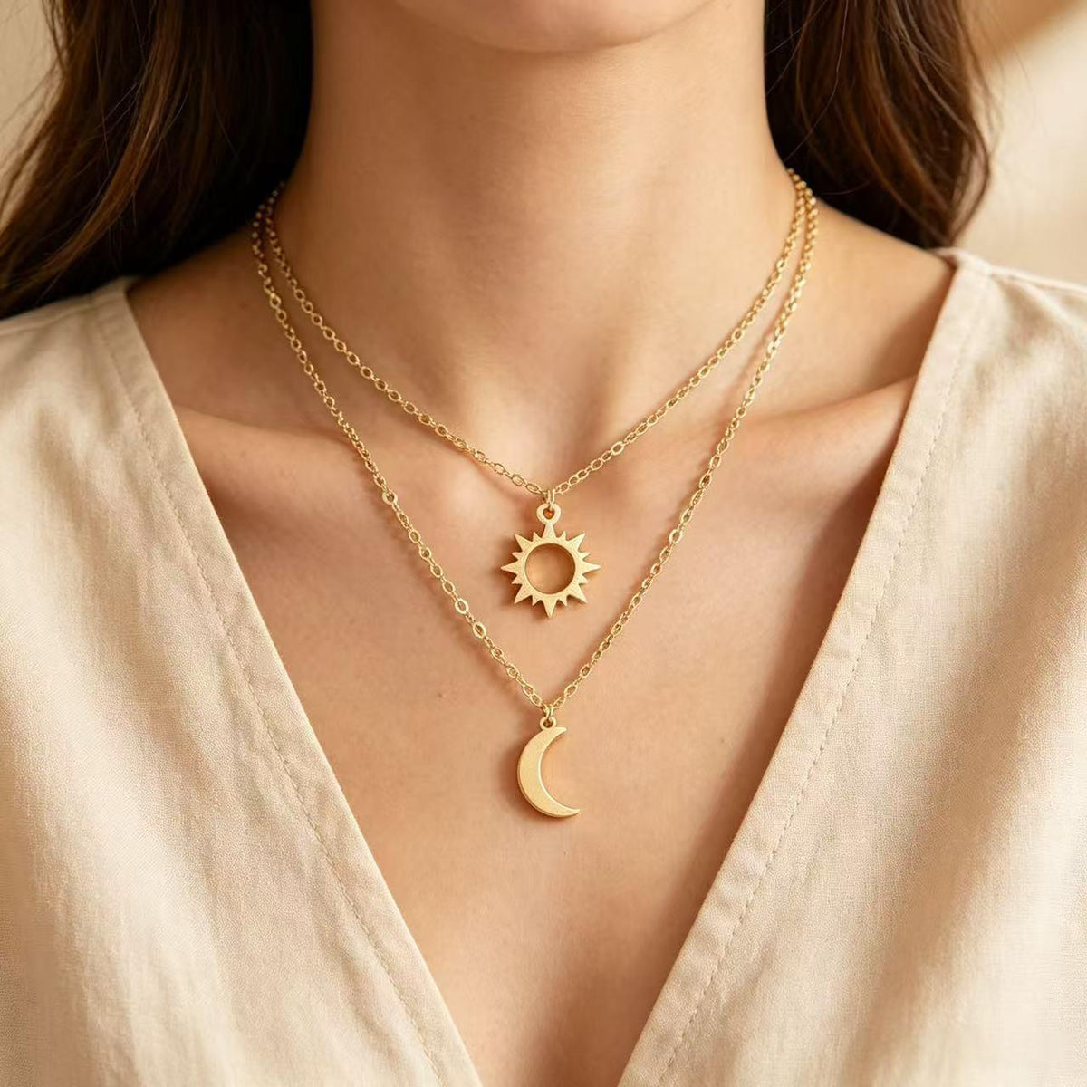 Titanium Steel Sun Moon Star Double-Layer Clavicle Chain Versatile Fashion Commuter Light Luxury Style Women's Necklace Source Factory Wholesale