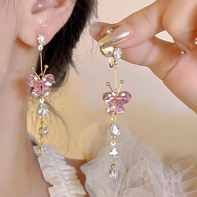 Elegant Exquisite Butterfly Tassel Earrings for Women Sweet Temperament Super Fairy Earrings High-End Fashion Light Luxury All-Match Earrings