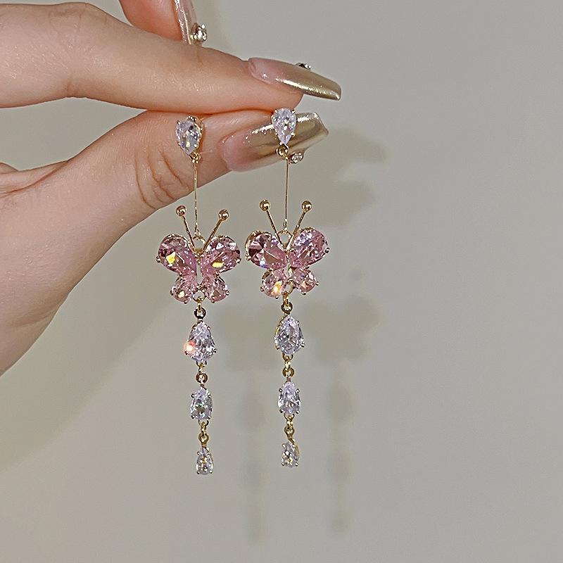 Elegant Exquisite Butterfly Tassel Earrings for Women Sweet Temperament Super Fairy Earrings High-End Fashion Light Luxury All-Match Earrings