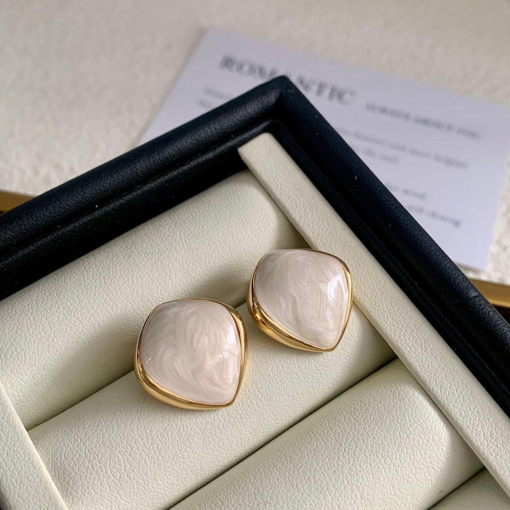 French Macaron Oval Stud Earrings Drop Glaze Texture White Elegant Commuter All-Match S925 Silver Needle Earrings