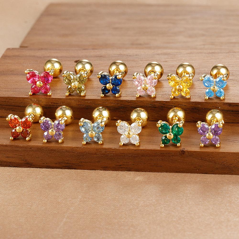Stainless Steel Thin Rod 12 Colors Zircon Ear Bone Stud Fashion Korean Screw Ball Butterfly Stud Earrings Mini Earrings
