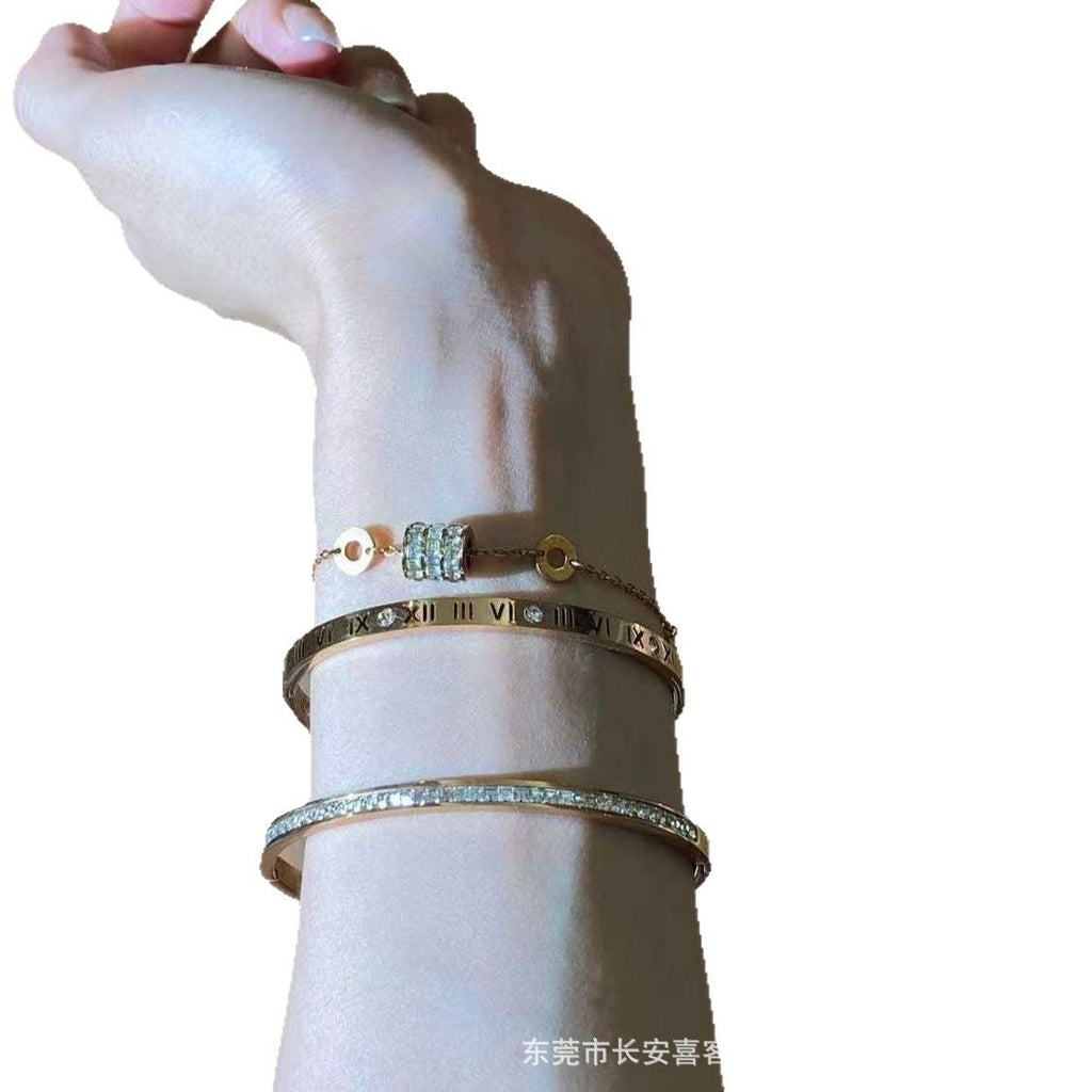 New Titanium Steel Non-Fading Roman Digital Bracelet Ins Light Luxury High-Grade Stackable Rhinestone Small Waist Bracelet