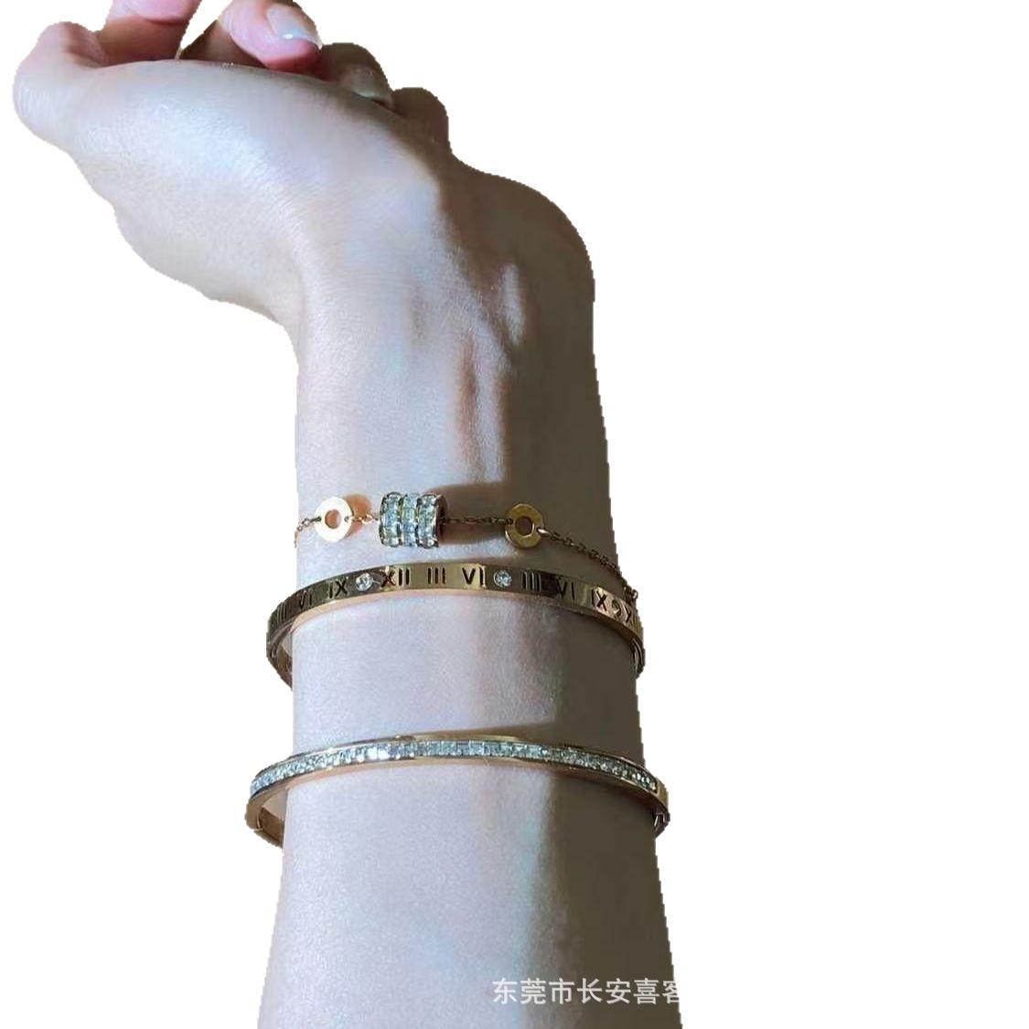 New Titanium Steel Non-Fading Roman Digital Bracelet Ins Light Luxury High-Grade Stackable Rhinestone Small Waist Bracelet