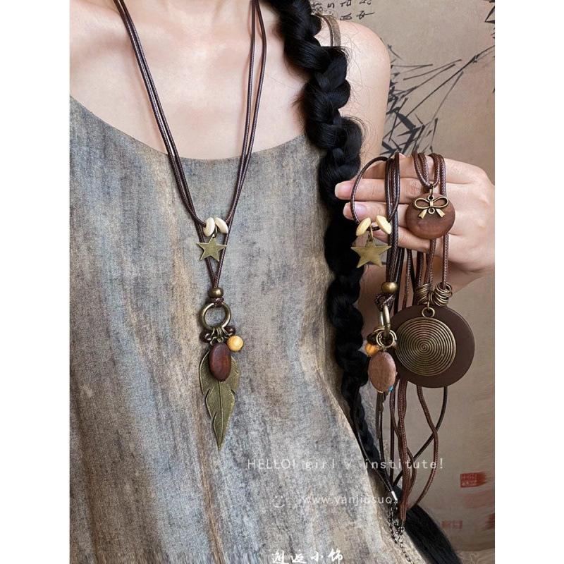 2025 New Chinese Feather Necklace Women's Retro Ethnic Style Double-Layer Stacked Long Sweater Chain Accessories