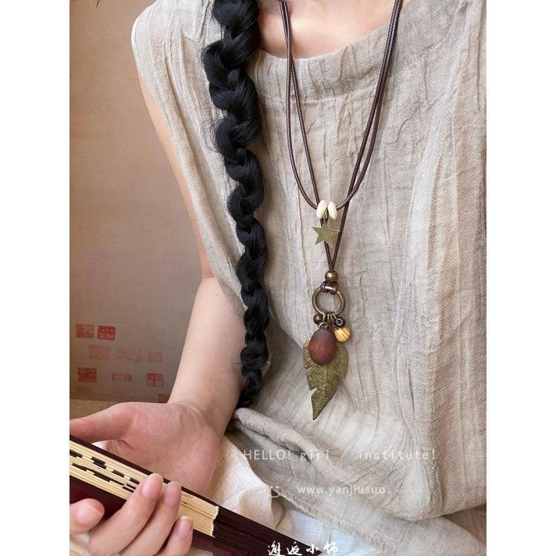 2025 New Chinese Feather Necklace Women's Retro Ethnic Style Double-Layer Stacked Long Sweater Chain Accessories