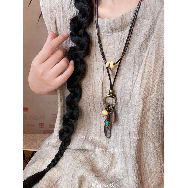 2025 New Chinese Feather Necklace Women's Retro Ethnic Style Double-Layer Stacked Long Sweater Chain Accessories