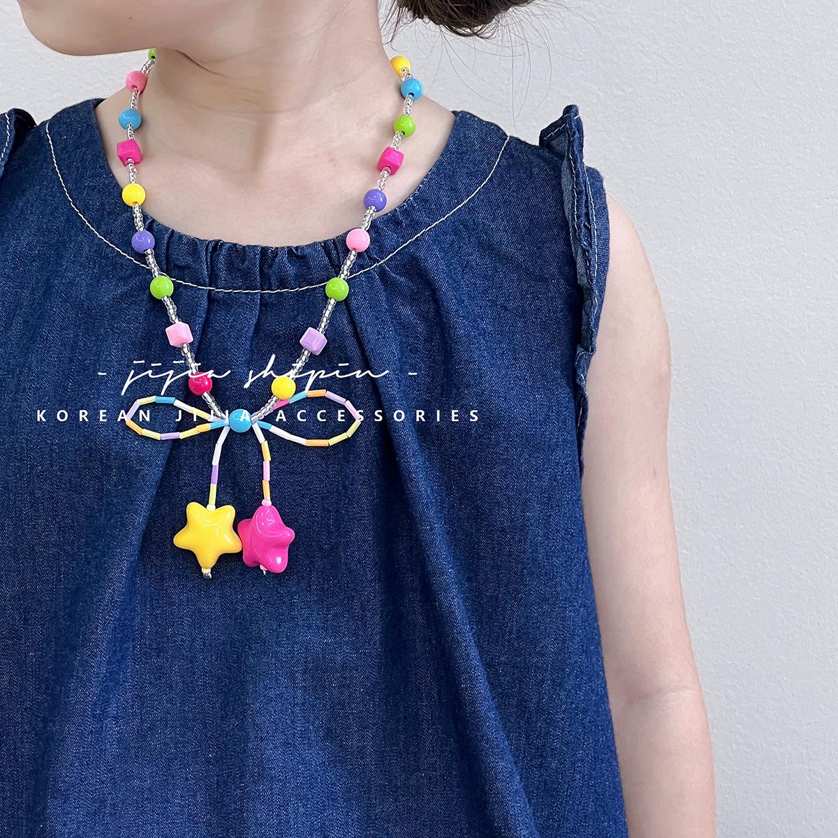 Korean Cartoon KT Cat Necklace Cute Colorful Beaded Small Animal Bow Pendant Necklace Little Girl Jewelry