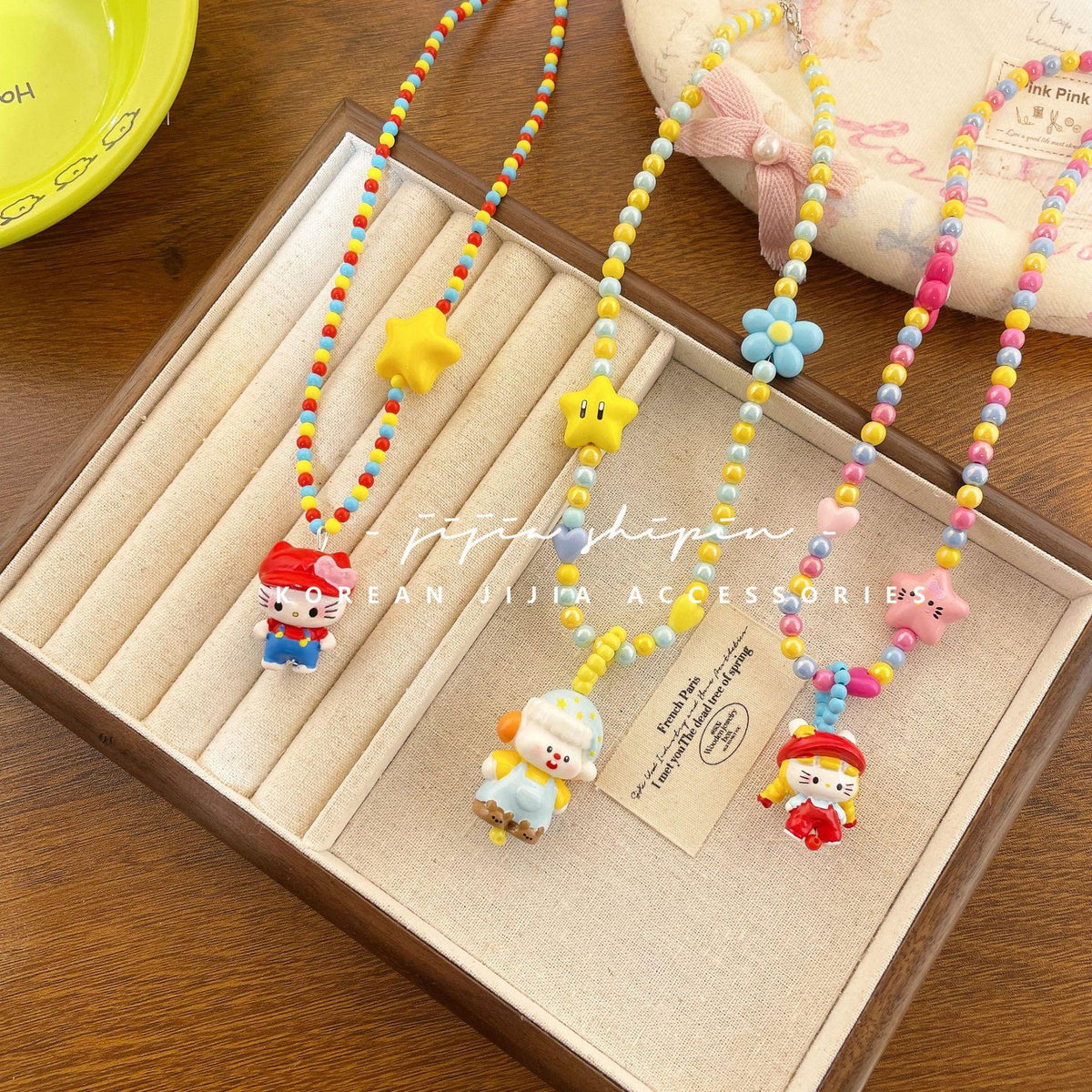 Korean Cartoon KT Cat Necklace Cute Colorful Beaded Small Animal Bow Pendant Necklace Little Girl Jewelry