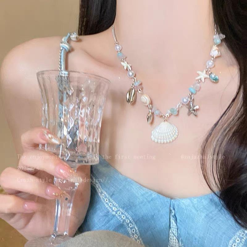 Seaside Holiday Style Natural Shell Beaded Adjustable Necklace Design Hand-Made Braided Rope Sweet Style Clavicle Chain