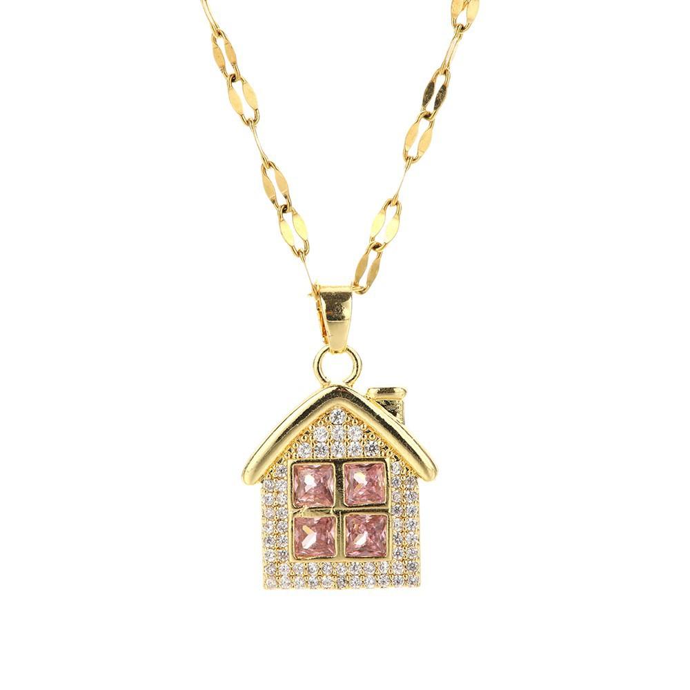 Pink Diamond Golden Cottage Necklace Light Luxury Niche Design High-Grade Titanium Steel Non-Fading Clavicle Chain Accessories Wholesale