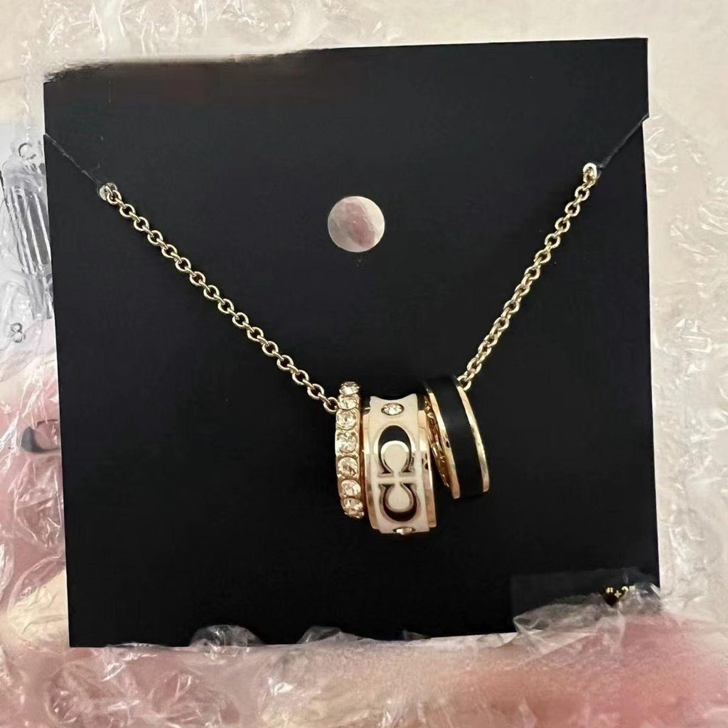 CoA Koujia Epoxy Enamel Black and White Three-Ring Necklace Double C- Shaped Full Diamond Valentine's Day Gift Pink Blue Double-Ring Clavicle Chain