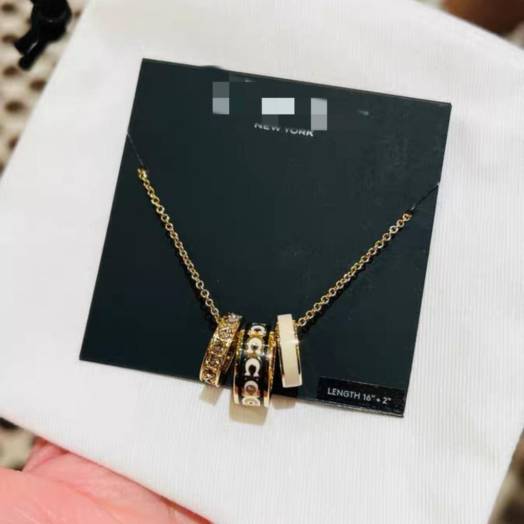 CoA Koujia Epoxy Enamel Black and White Three-Ring Necklace Double C- Shaped Full Diamond Valentine's Day Gift Pink Blue Double-Ring Clavicle Chain