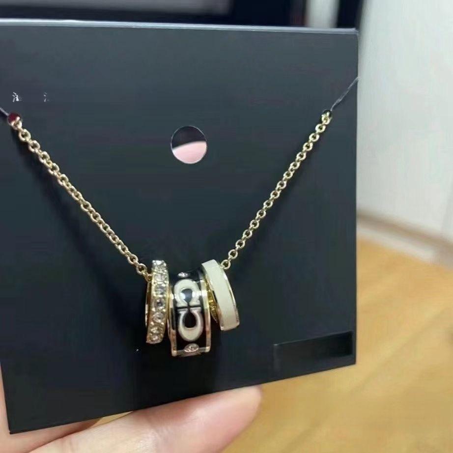CoA Koujia Epoxy Enamel Black and White Three-Ring Necklace Double C- Shaped Full Diamond Valentine's Day Gift Pink Blue Double-Ring Clavicle Chain