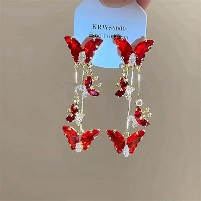 Red Series Cold Feeling Red Butterfly Stud Earrings New Fashion High Sense Tassel Hot Earrings for Women