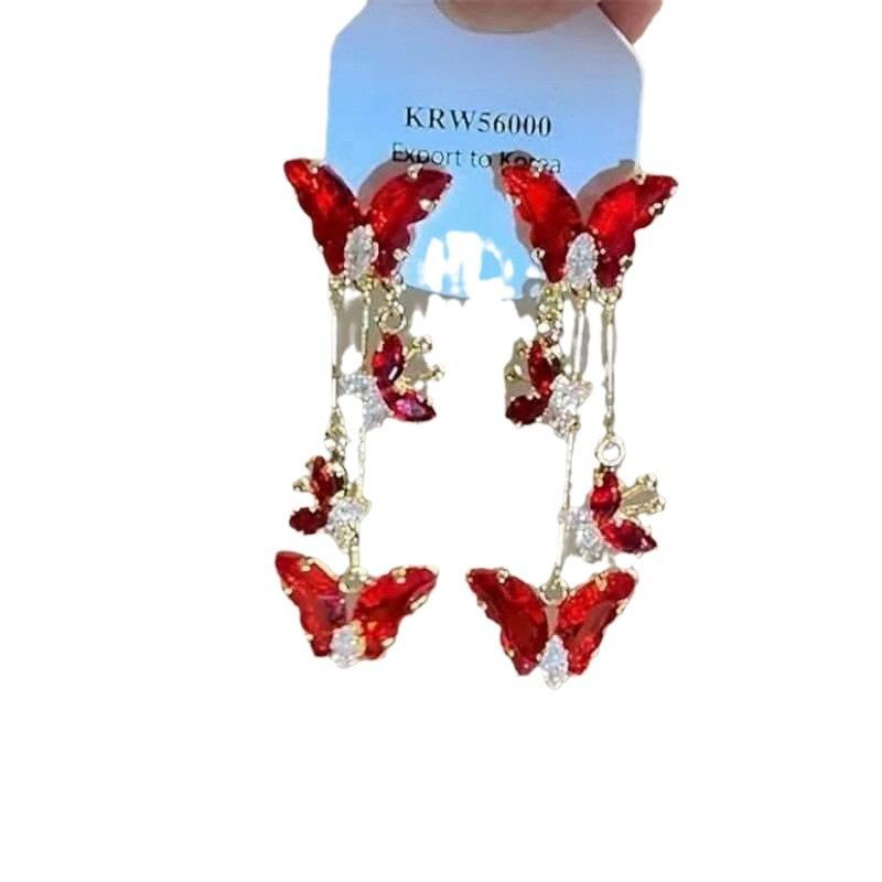 Red Series Cold Feeling Red Butterfly Stud Earrings New Fashion High Sense Tassel Hot Earrings for Women