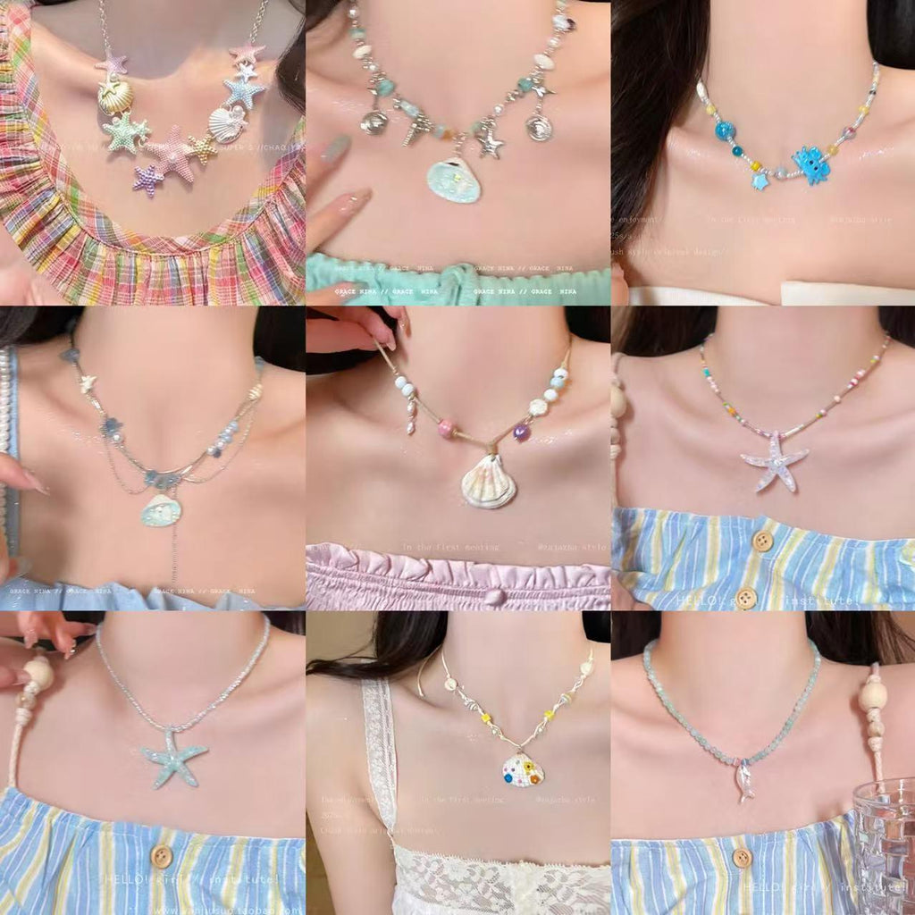 Underwater World ~ Seaside Holiday Style Shell Fish Starfish Pendant Necklace Simple Fashion All-Match Personalized Necklace
