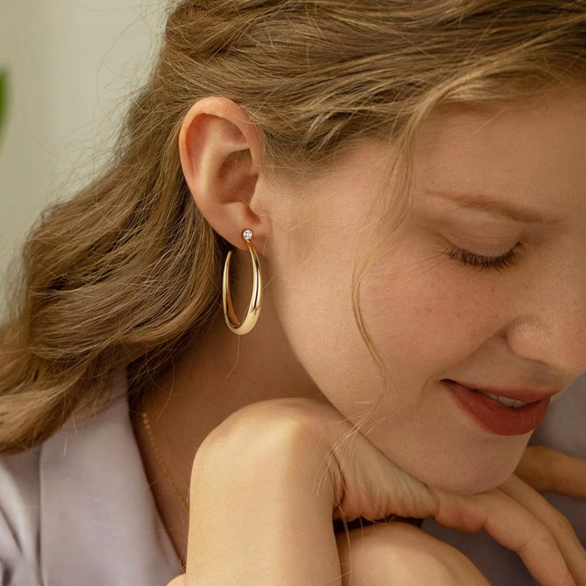 Earrings [Golden 45mm White Zirconium Glossy Horn Earrings] Fashionable All-Match Simple Female Earrings Light Luxury High Sense