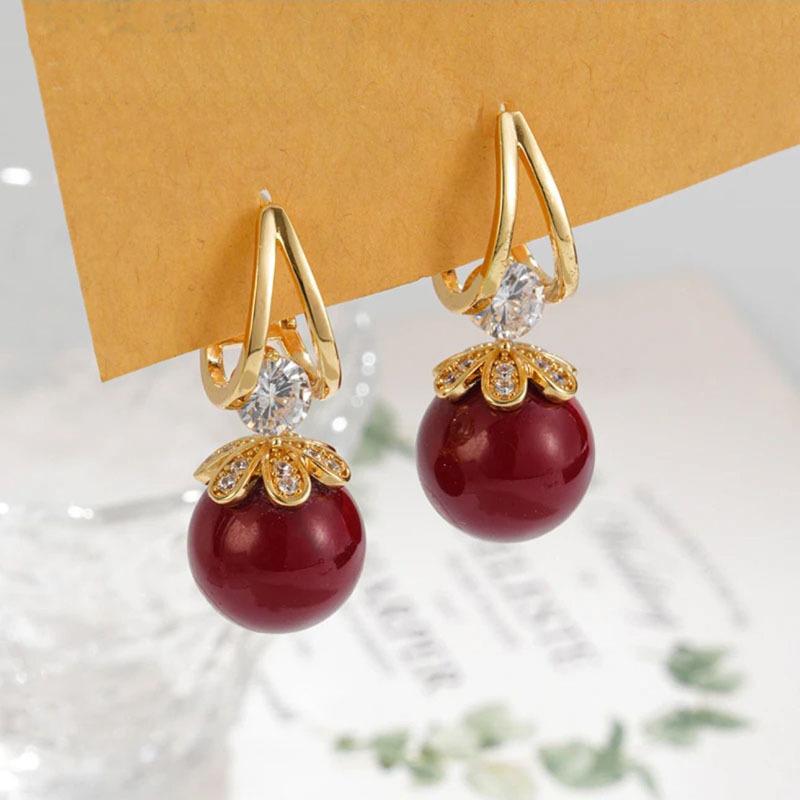 Luxury Elegant Diamond-Embedded Red Pearl Earrings Autumn and Winter Exquisite Elegant Elegant All-Match Earrings French Style Earrings