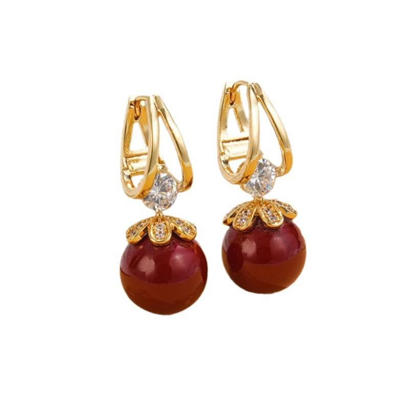 Luxury Elegant Diamond-Embedded Red Pearl Earrings Autumn and Winter Exquisite Elegant Elegant All-Match Earrings French Style Earrings