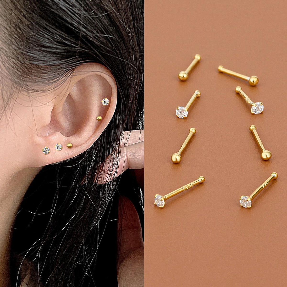 S999 Sterling Silver Stud Earrings Women's Football Silver Earplugs-Free Ear Bone Nails Four-Claw Pick-Free Small Earrings Earrings Ear Stick Ear Piercing