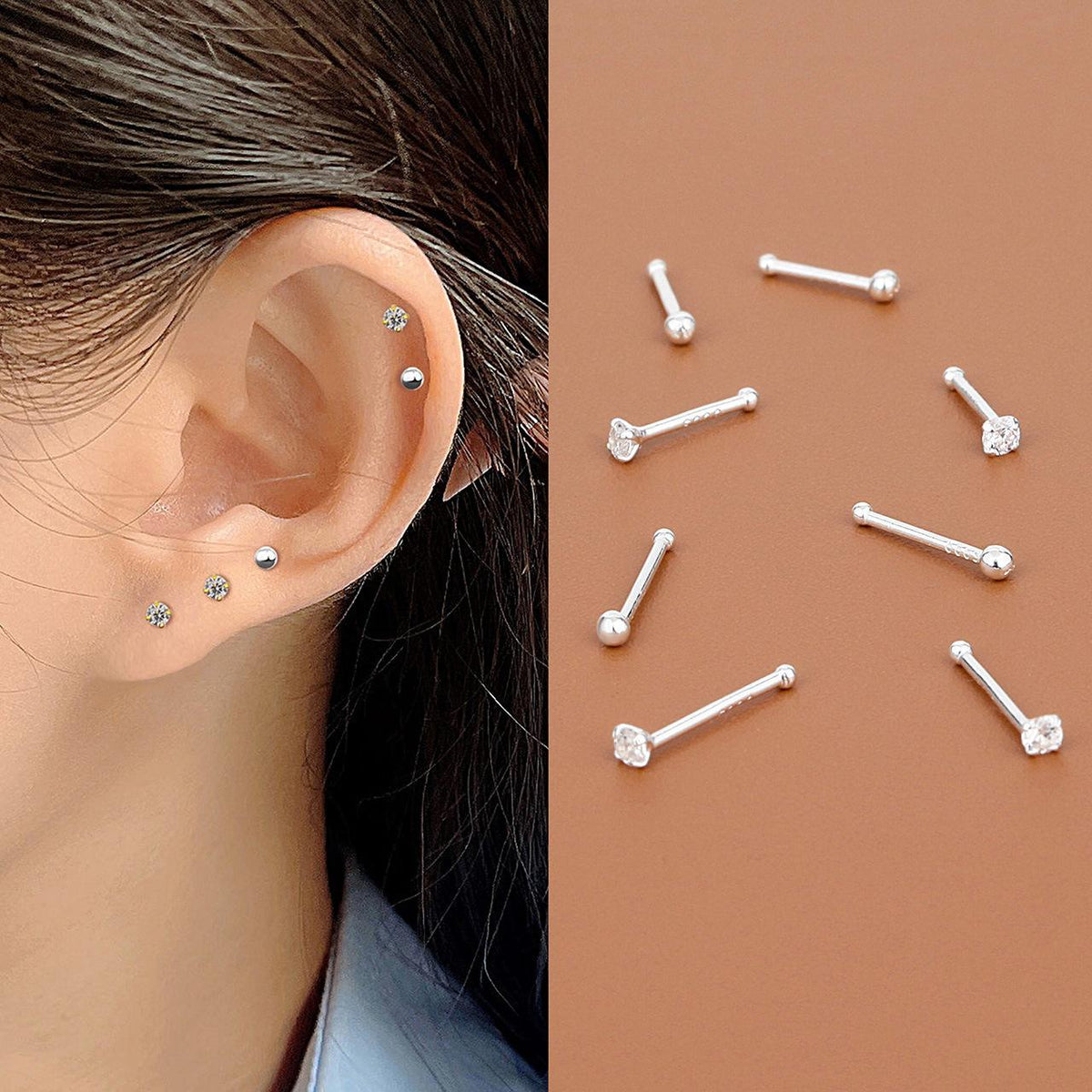 S999 Sterling Silver Stud Earrings Women's Football Silver Earplugs-Free Ear Bone Nails Four-Claw Pick-Free Small Earrings Earrings Ear Stick Ear Piercing