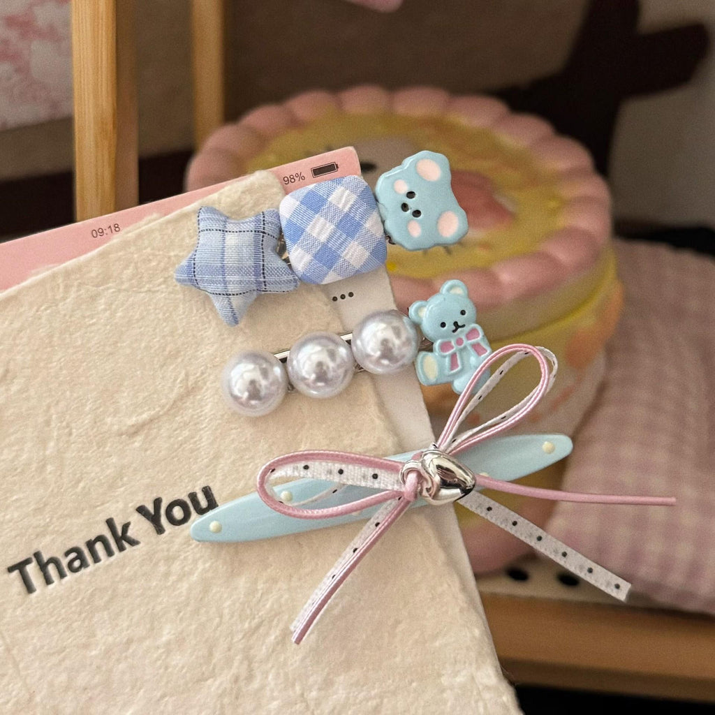 Summer Fresh Cream Blue Bear Plaid Star Hairpin Cartoon Sweet Girl Style Duckbill Clip Hairpin Hair Accessories