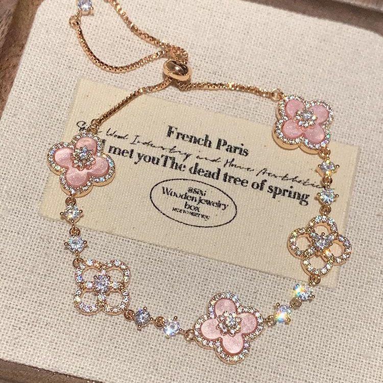 Spring Flower Oath Pink Small Flower Bracelet Micro-Inlaid Gold Sense Adjustable Niche Design Exquisite Bracelet for Women